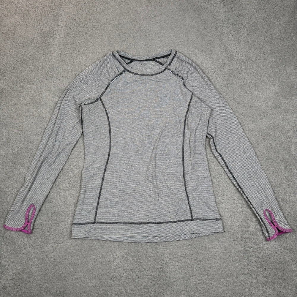 Lucy Womens Grey Striped Long Sleeve Activewear Top Thumbholes M Yoga Workout‎